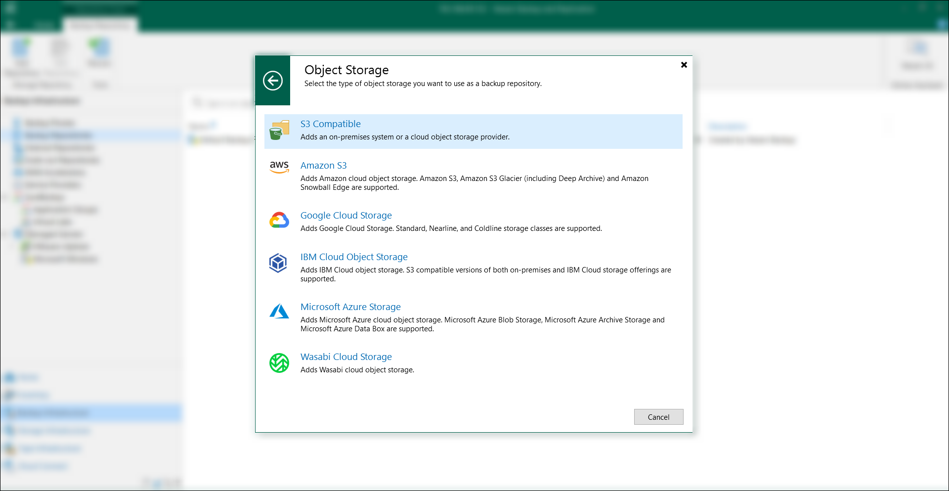 Object First Backup Storage Select S3 Compatible as the object storage type.