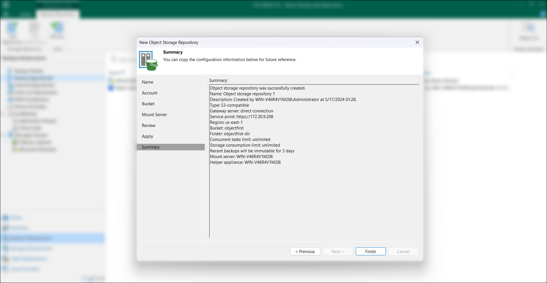 Confirm the Object First repository to be successfully created.